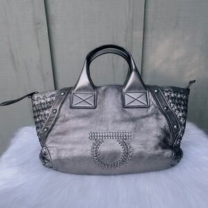 Authentic Salvatore Ferragamo Gancini Silver Leather Tote Bag Purse